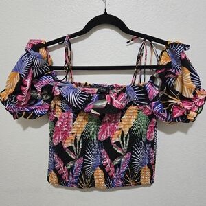 MILK & HONEY Tropical Print Crop Top Smocked Off Shoulder Puff Sleeves Medium